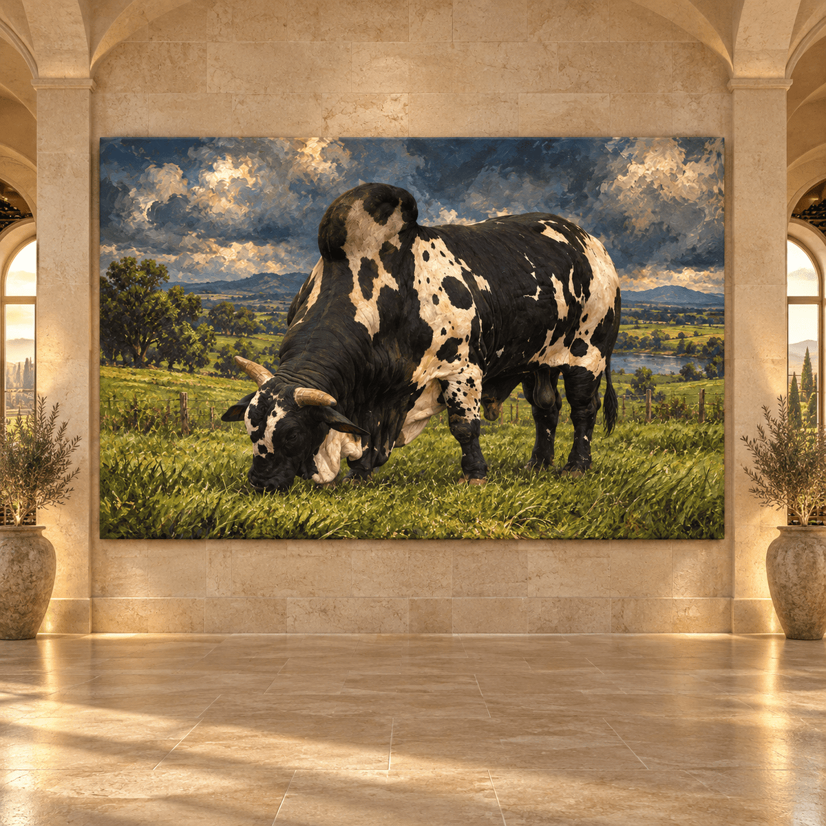 Black and White Brahman Bull Wrapped Canvas Wall Art – Dramatic Western Cattle Painting - ART OF ROYALS
