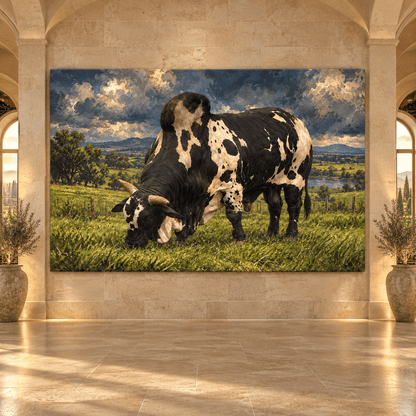 Black and White Brahman Bull Wrapped Canvas Wall Art – Dramatic Western Cattle Painting - ART OF ROYALS