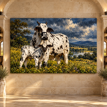 Spotted Brahman Cow & Calf Wrapped Canvas Wall Art – Western Cattle Family Painting