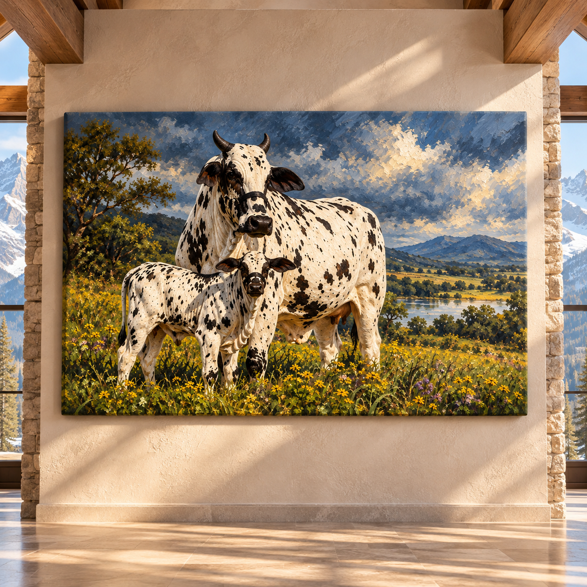 Spotted Brahman Cow & Calf Wrapped Canvas Wall Art – Western Cattle Family Painting