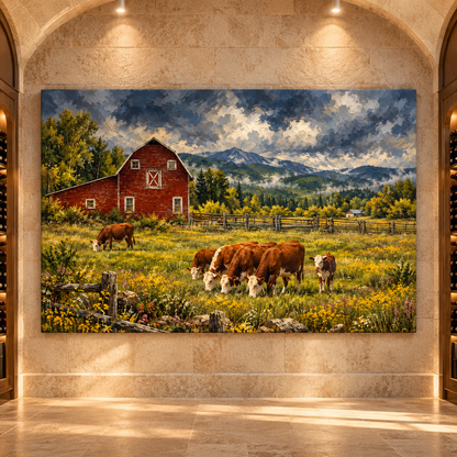 Hereford Cattle at Red Barn Wrapped Canvas Wall Art – Rustic Farm Pasture Painting