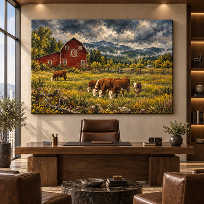 Hereford Cattle at Red Barn Wrapped Canvas Wall Art – Rustic Farm Pasture Painting