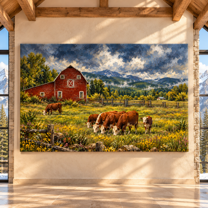 Hereford Cattle at Red Barn Wrapped Canvas Wall Art – Rustic Farm Pasture Painting