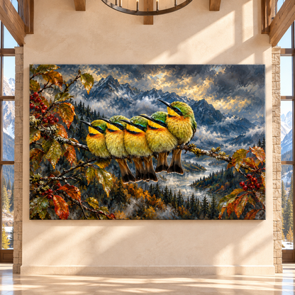 Five Colorful Bee-Eaters on a Branch Wrapped Canvas Wall Art – Mountain Bird Wildlife Painting