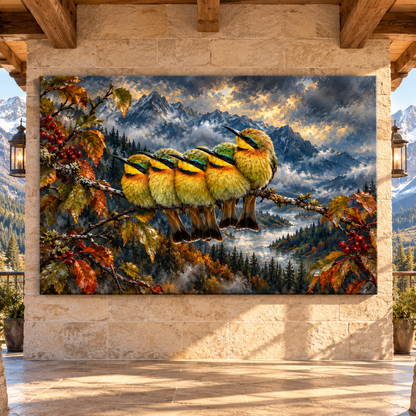 Five Colorful Bee-Eaters on a Branch Wrapped Canvas Wall Art – Mountain Bird Wildlife Painting