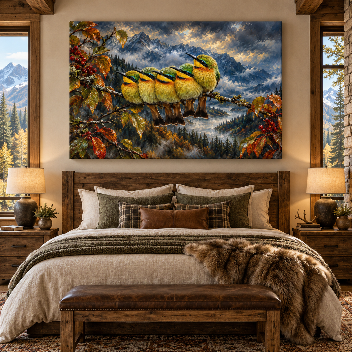 Five Colorful Bee-Eaters on a Branch Wrapped Canvas Wall Art – Mountain Bird Wildlife Painting