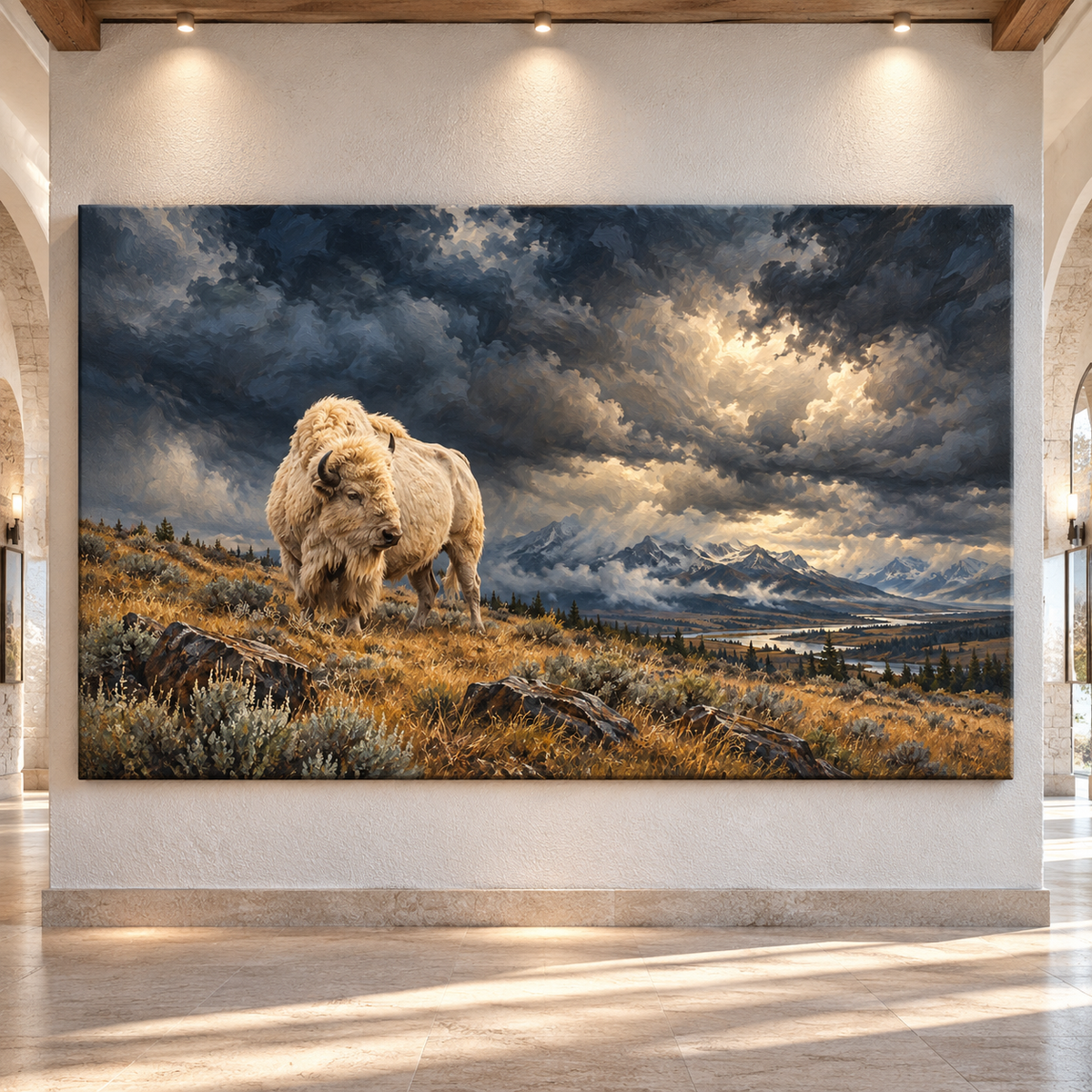 White Bison Under Storm Clouds Wrapped Canvas Wall Art – Dramatic Mountain Buffalo Painting