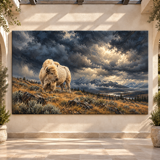 White Bison Under Storm Clouds Wrapped Canvas Wall Art – Dramatic Mountain Buffalo Painting