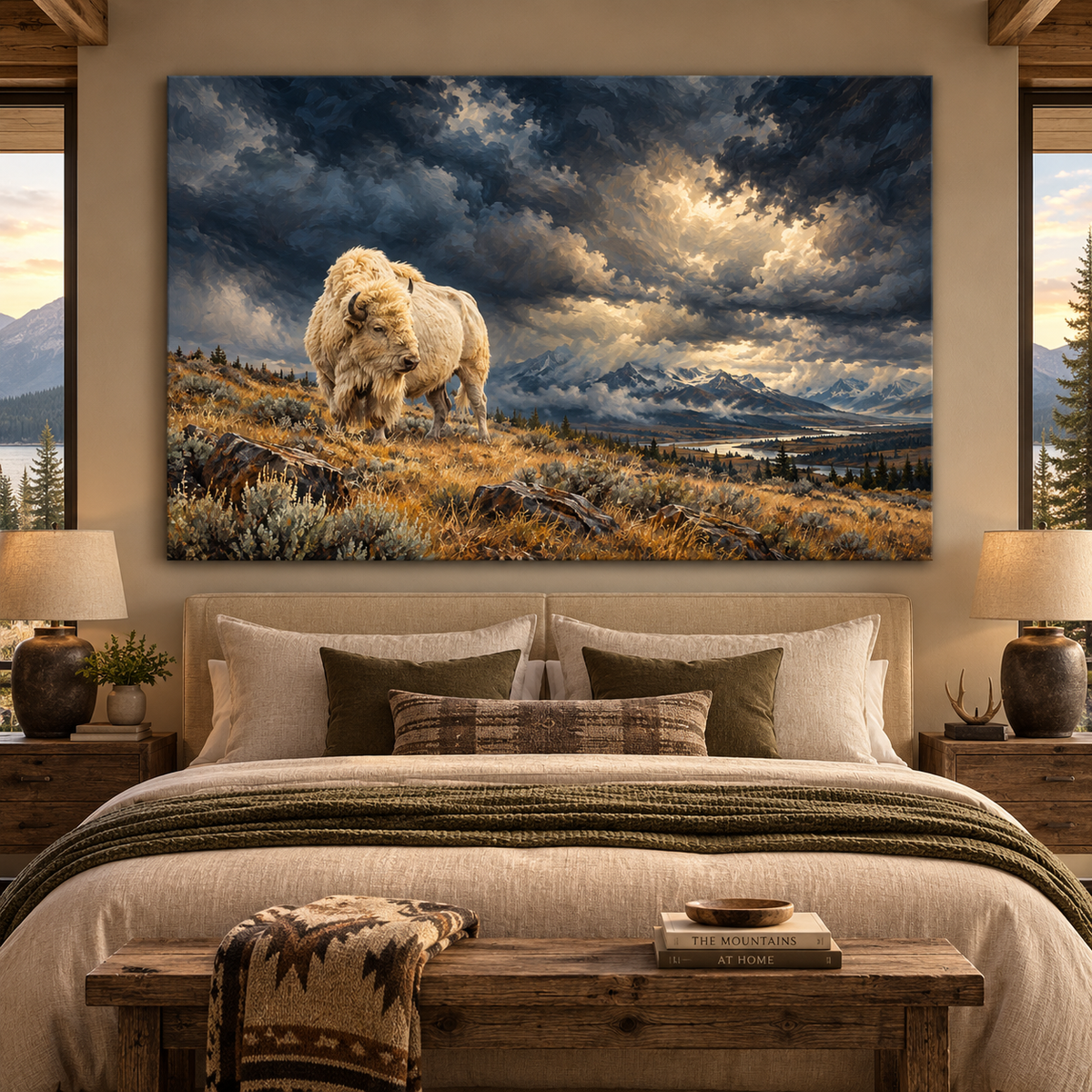 White Bison Under Storm Clouds Wrapped Canvas Wall Art – Dramatic Mountain Buffalo Painting