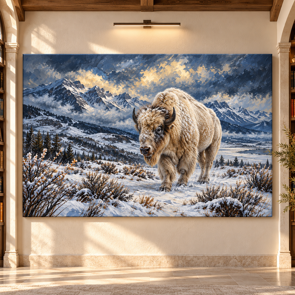 White Bison in Snow Wrapped Canvas Wall Art – Winter Mountain Buffalo Painting