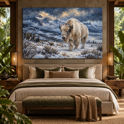 White Bison in Snow Wrapped Canvas Wall Art – Winter Mountain Buffalo Painting