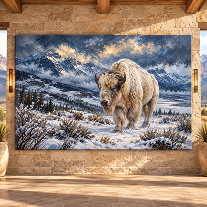 White Bison in Snow Wrapped Canvas Wall Art – Winter Mountain Buffalo Painting