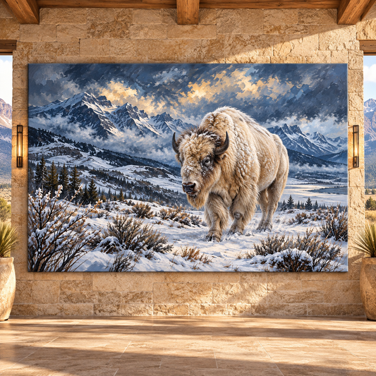 White Bison in Snow Wrapped Canvas Wall Art – Winter Mountain Buffalo Painting