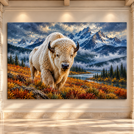 White Bison in Autumn Mountains Wrapped Canvas Wall Art – Majestic Western Wildlife Painting