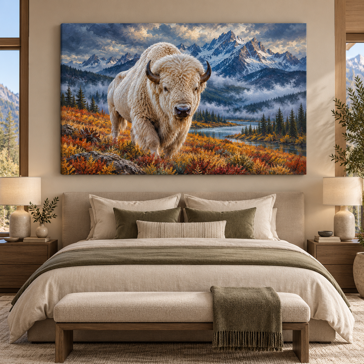White Bison in Autumn Mountains Wrapped Canvas Wall Art – Majestic Western Wildlife Painting