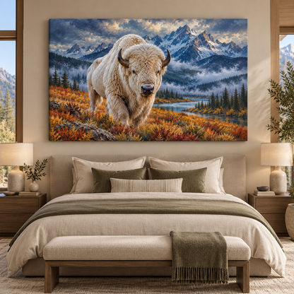 White Bison in Autumn Mountains Wrapped Canvas Wall Art – Majestic Western Wildlife Painting