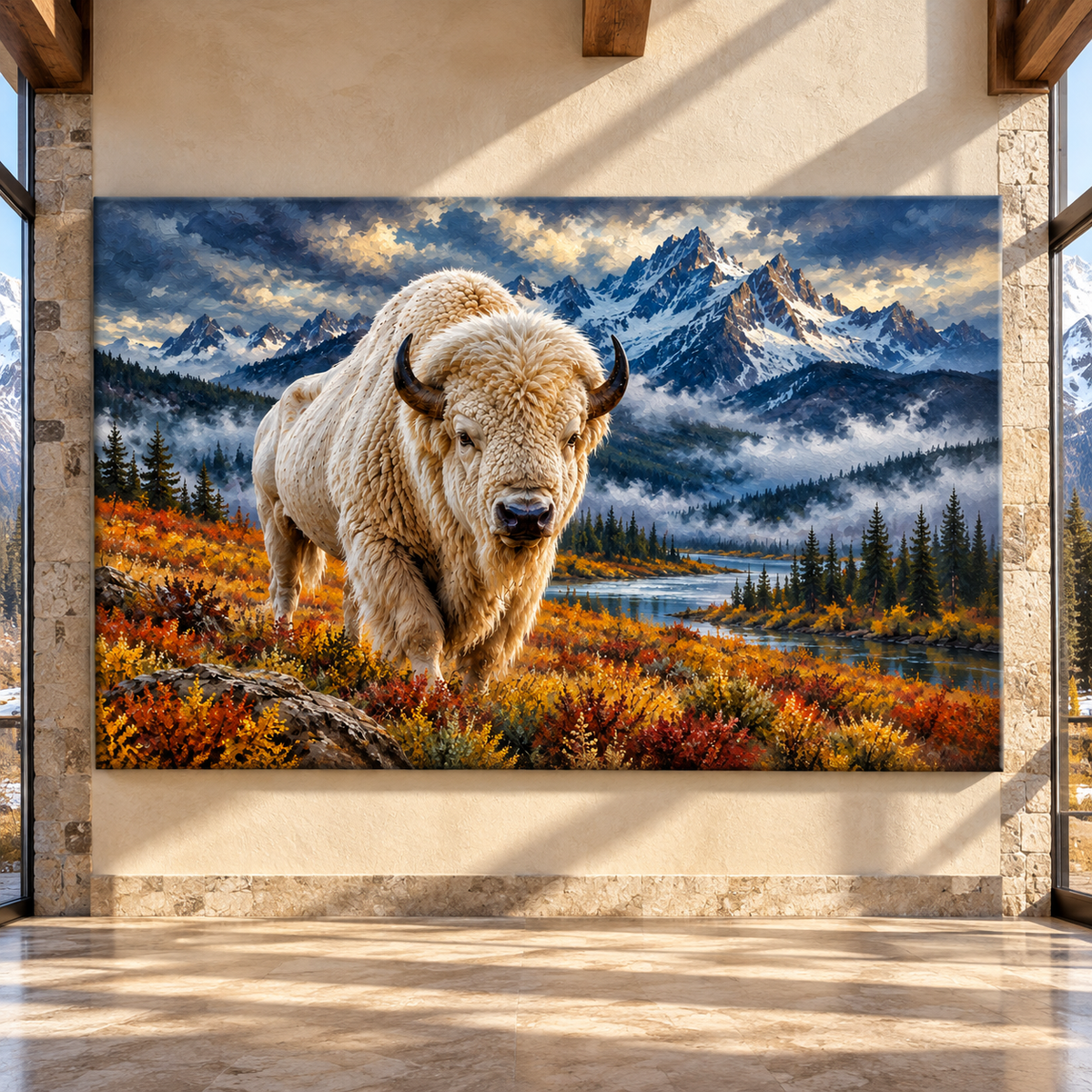 White Bison in Autumn Mountains Wrapped Canvas Wall Art – Majestic Western Wildlife Painting