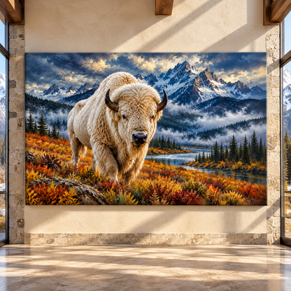 White Bison in Autumn Mountains Wrapped Canvas Wall Art – Majestic Western Wildlife Painting