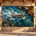 Swimming Bull Moose in Mountain River Wrapped Canvas Wall Art – Dramatic Wildlife Painting