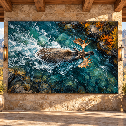Swimming Bull Moose in Mountain River Wrapped Canvas Wall Art – Dramatic Wildlife Painting