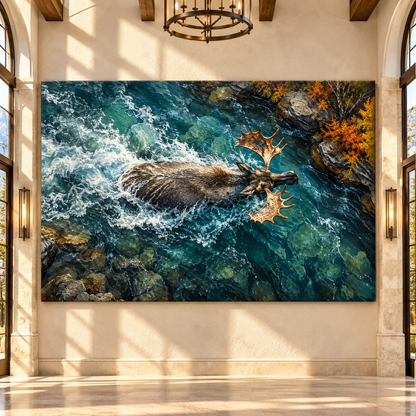 Swimming Bull Moose in Mountain River Wrapped Canvas Wall Art – Dramatic Wildlife Painting