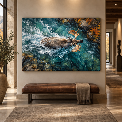 Swimming Bull Moose in Mountain River Wrapped Canvas Wall Art – Dramatic Wildlife Painting