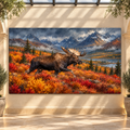 Bull Moose Running Through Autumn Mountains Wrapped Canvas Wall Art – Western Wildlife Painting