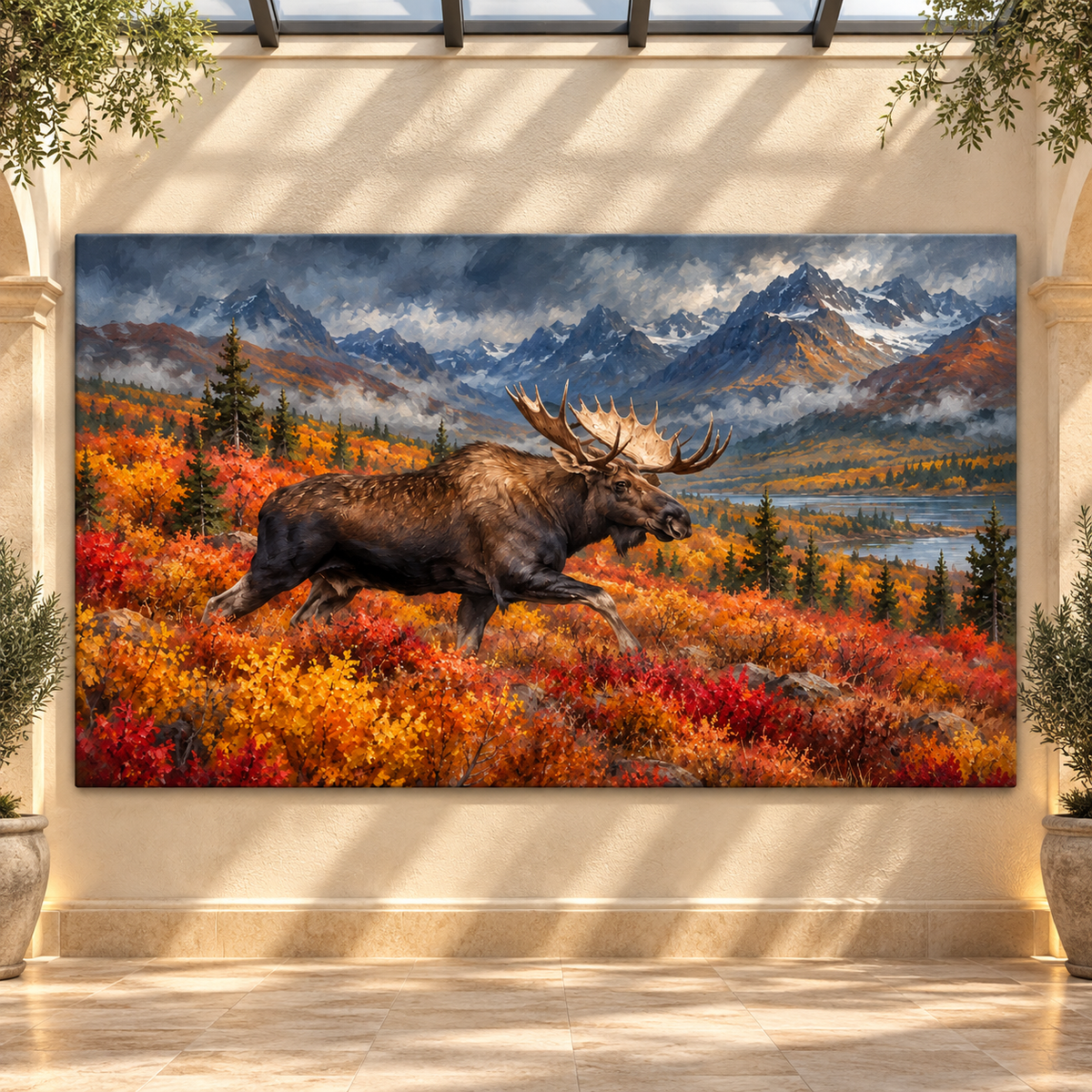 Bull Moose Running Through Autumn Mountains Wrapped Canvas Wall Art – Western Wildlife Painting