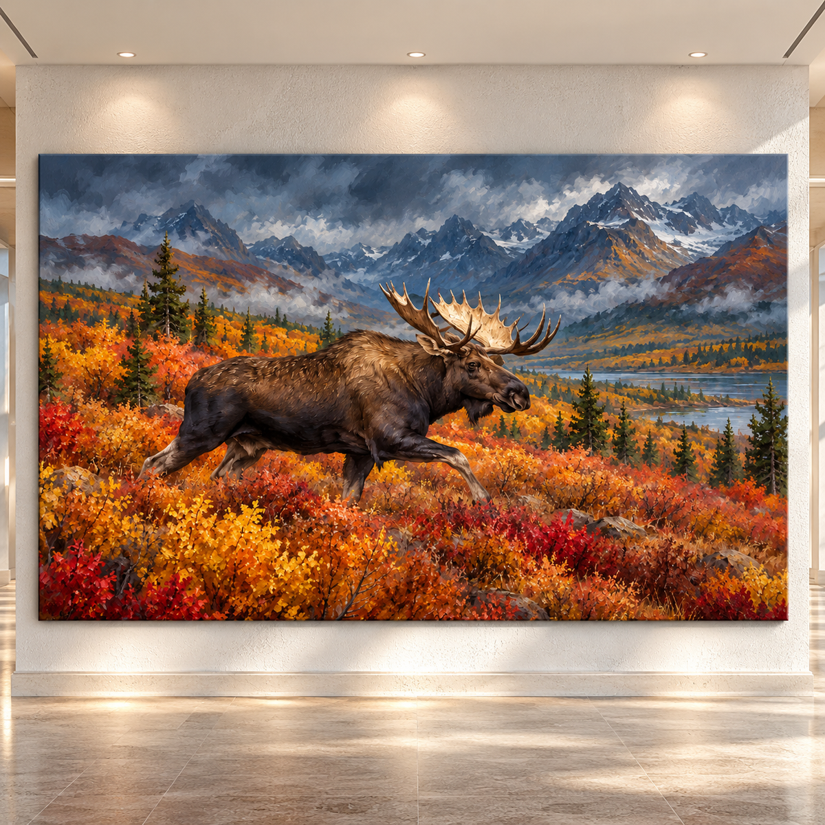 Bull Moose Running Through Autumn Mountains Wrapped Canvas Wall Art – Western Wildlife Painting
