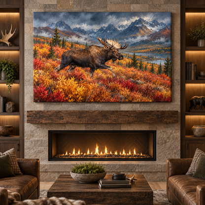 Bull Moose Running Through Autumn Mountains Wrapped Canvas Wall Art – Western Wildlife Painting