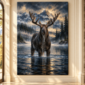 Bull Moose Standing in Mountain Lake Wrapped Canvas Wall Art – Dramatic Alpine Wildlife Painting