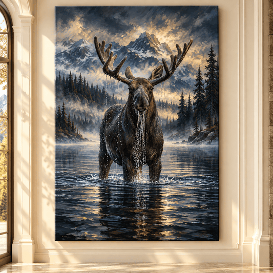 Bull Moose Standing in Mountain Lake Wrapped Canvas Wall Art – Dramatic Alpine Wildlife Painting - ART OF ROYALS