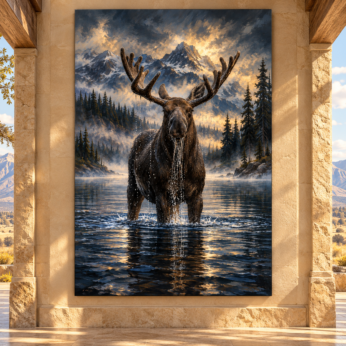 Bull Moose Standing in Mountain Lake Wrapped Canvas Wall Art – Dramatic Alpine Wildlife Painting