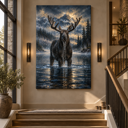 Bull Moose Standing in Mountain Lake Wrapped Canvas Wall Art – Dramatic Alpine Wildlife Painting