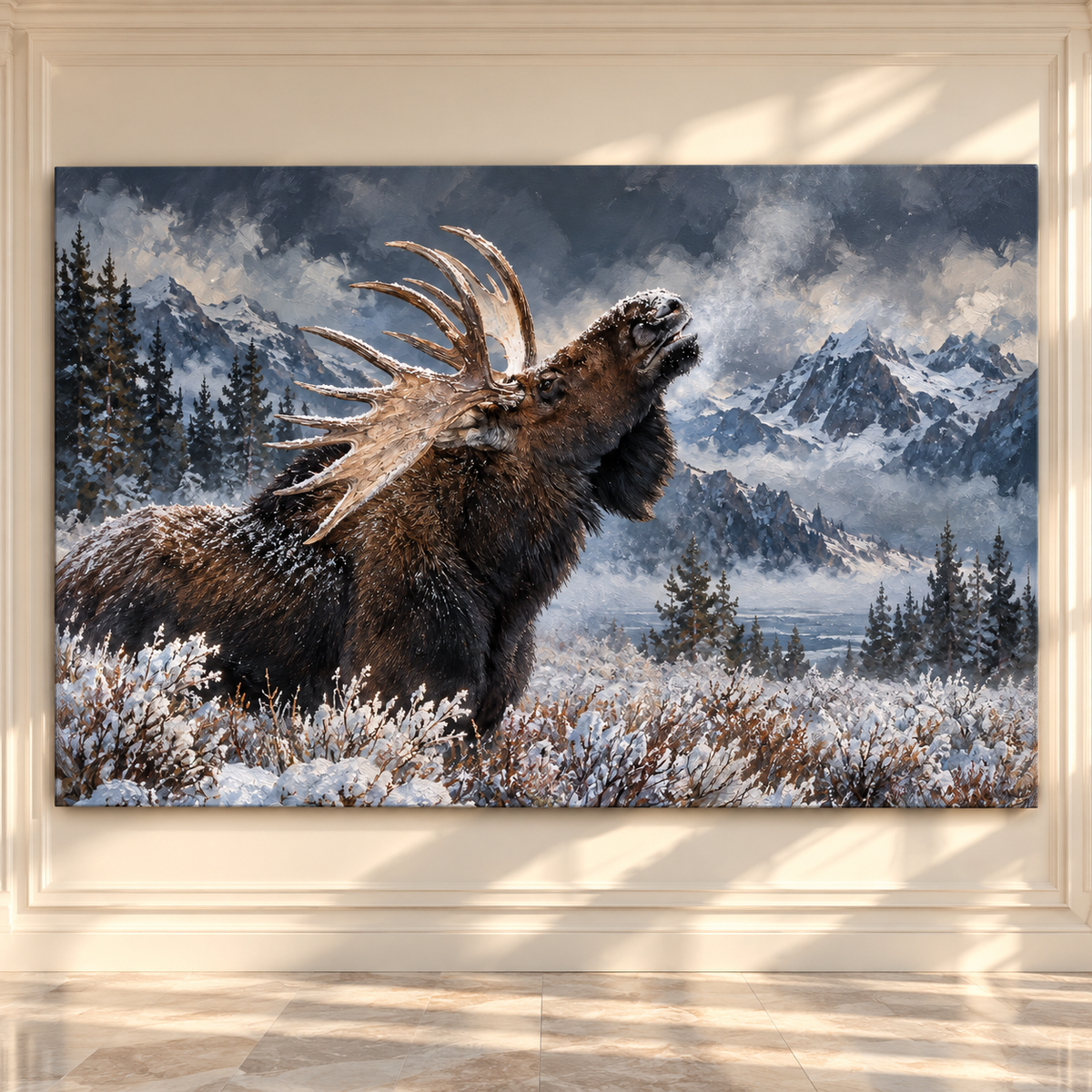 Bull Moose Calling in Snow Wrapped Canvas Wall Art – Winter Mountain Wildlife Painting