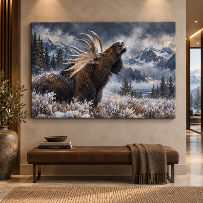 Bull Moose Calling in Snow Wrapped Canvas Wall Art – Winter Mountain Wildlife Painting