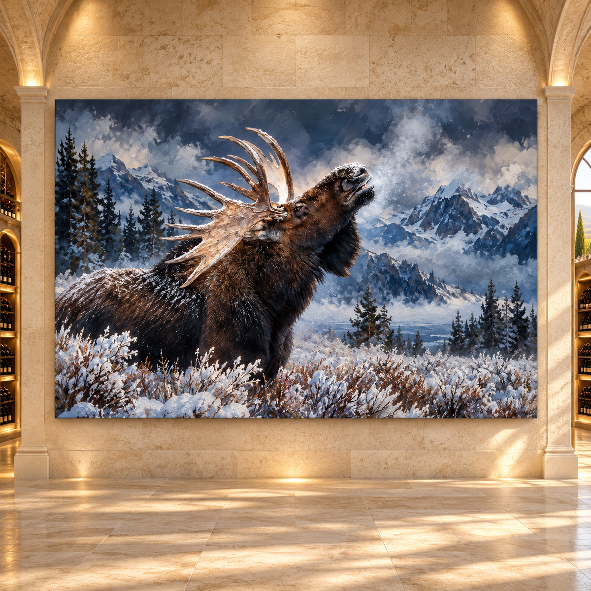 Bull Moose Calling in Snow Wrapped Canvas Wall Art – Winter Mountain Wildlife Painting