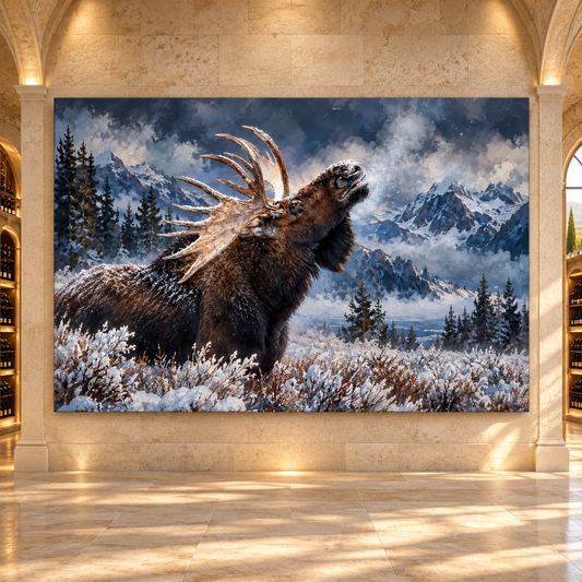 Bull Moose Calling in Snow Wrapped Canvas Wall Art – Winter Mountain Wildlife Painting