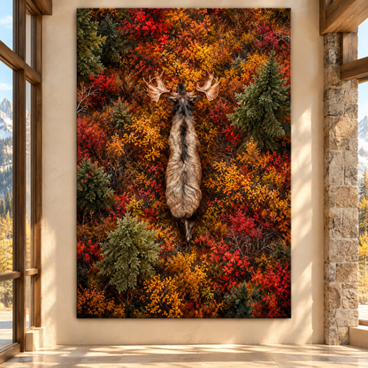 Overhead Bull Moose in Autumn Forest Wrapped Canvas Wall Art – Fall Wildlife Painting