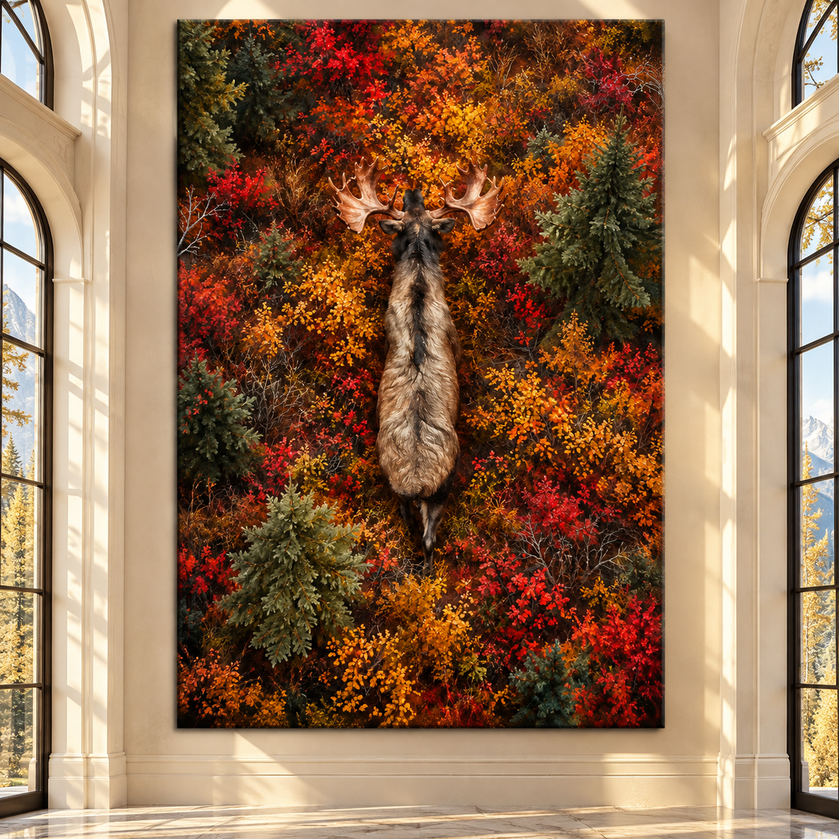 Overhead Bull Moose in Autumn Forest Wrapped Canvas Wall Art – Fall Wildlife Painting