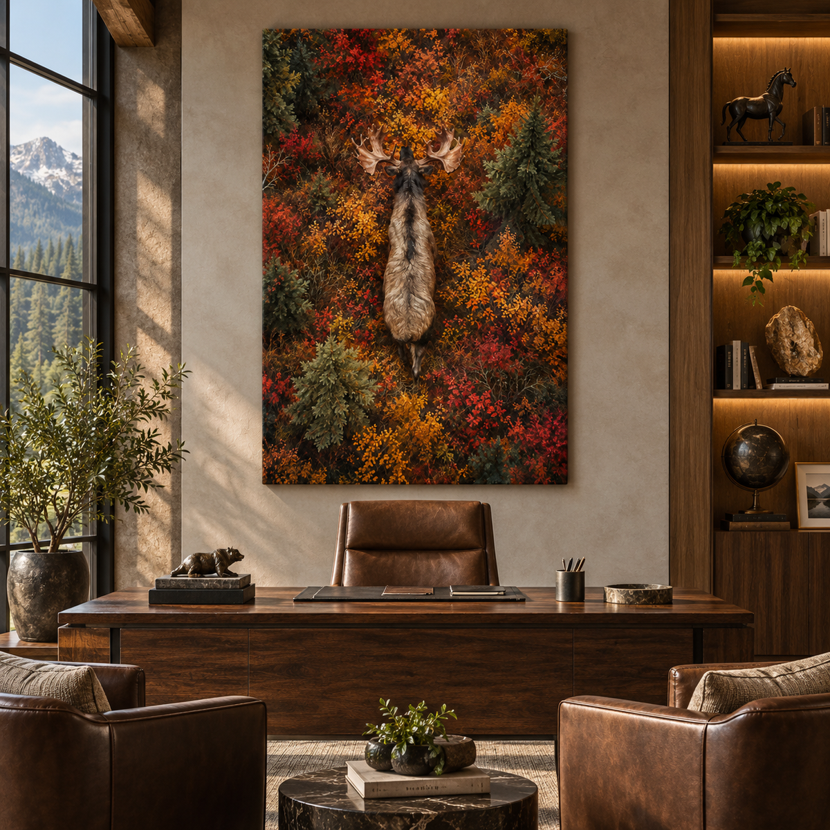 Overhead Bull Moose in Autumn Forest Wrapped Canvas Wall Art – Fall Wildlife Painting