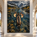 Bull Moose Wading Toward Mountain Lake Wrapped Canvas Wall Art – Overhead Wilderness Wildlife Painting