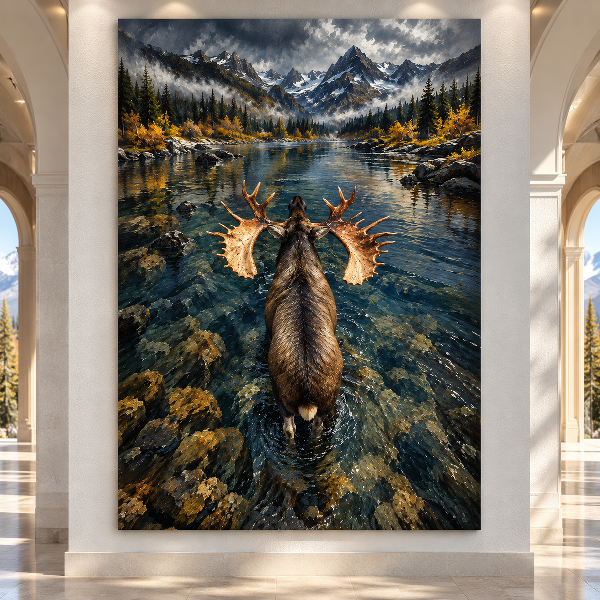 Bull Moose Wading Toward Mountain Lake Wrapped Canvas Wall Art – Overhead Wilderness Wildlife Painting