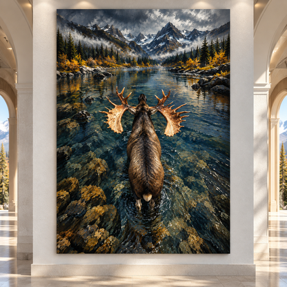 Bull Moose Wading Toward Mountain Lake Wrapped Canvas Wall Art – Overhead Wilderness Wildlife Painting
