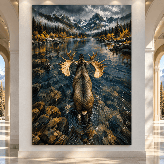 Bull Moose Wading Toward Mountain Lake Wrapped Canvas Wall Art – Overhead Wilderness Wildlife Painting - ART OF ROYALS