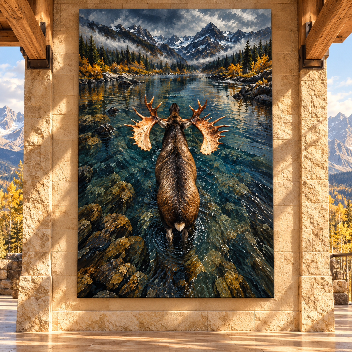 Bull Moose Wading Toward Mountain Lake Wrapped Canvas Wall Art – Overhead Wilderness Wildlife Painting