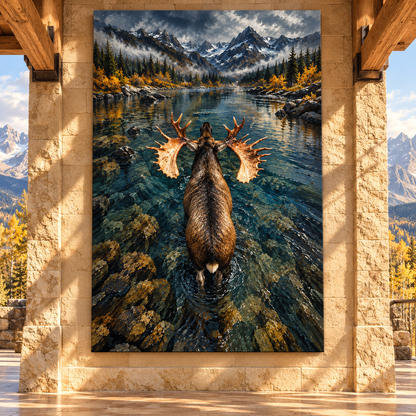 Bull Moose Wading Toward Mountain Lake Wrapped Canvas Wall Art – Overhead Wilderness Wildlife Painting