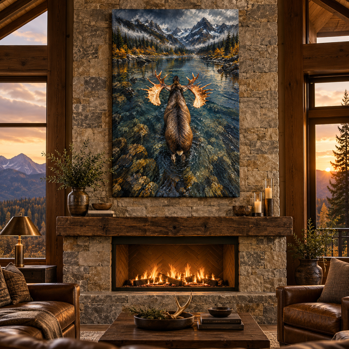 Bull Moose Wading Toward Mountain Lake Wrapped Canvas Wall Art – Overhead Wilderness Wildlife Painting