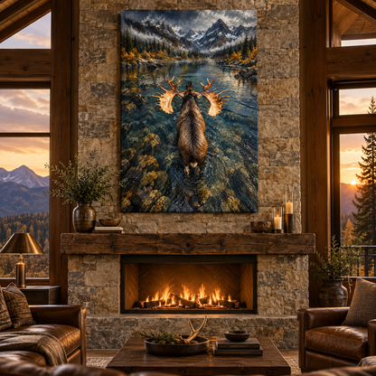 Bull Moose Wading Toward Mountain Lake Wrapped Canvas Wall Art – Overhead Wilderness Wildlife Painting