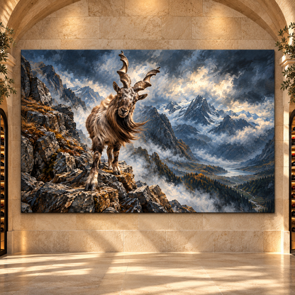 Mountain Goat on Rocky Cliff Wrapped Canvas Wall Art – Dramatic Alpine Wildlife Painting